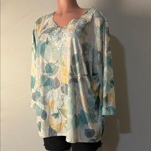 Alfred Dunner Women’s  Watercolor Top Shirt Beaded Lace Details 3/4 Sleeve Sz 2X